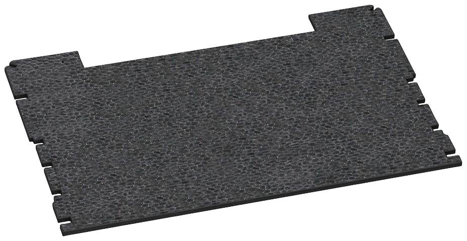 A rectangular piece of black foam with notches at two corners, potentially used as a connecting element in a system.