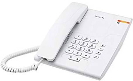 A white, corded landline telephone with buttons and handset. It is placed on a white surface.
