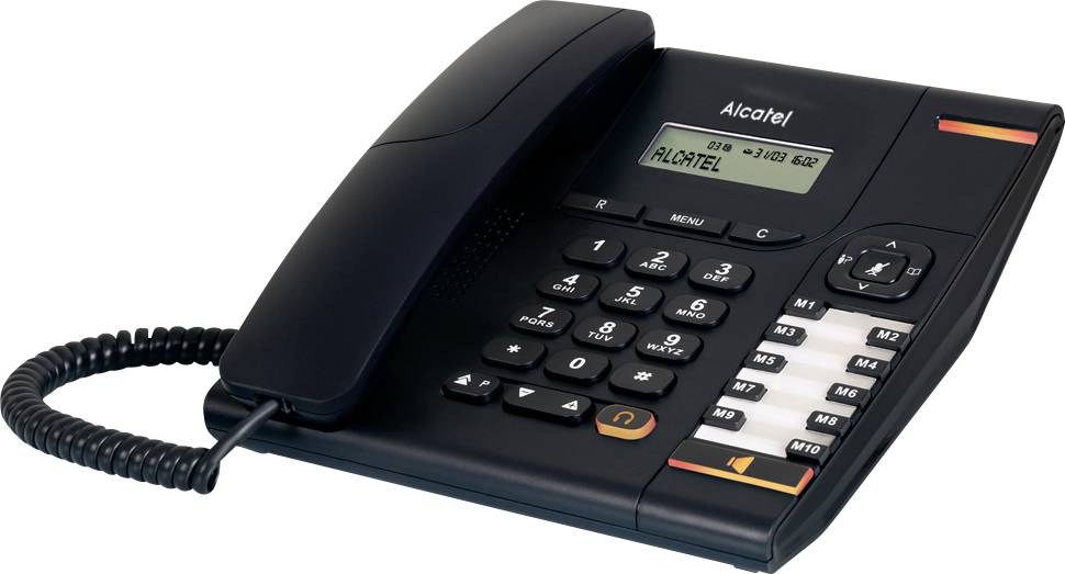 A black office desk phone with a display screen showing 'ALCATEL'. It features a numeric keypad and several function buttons.