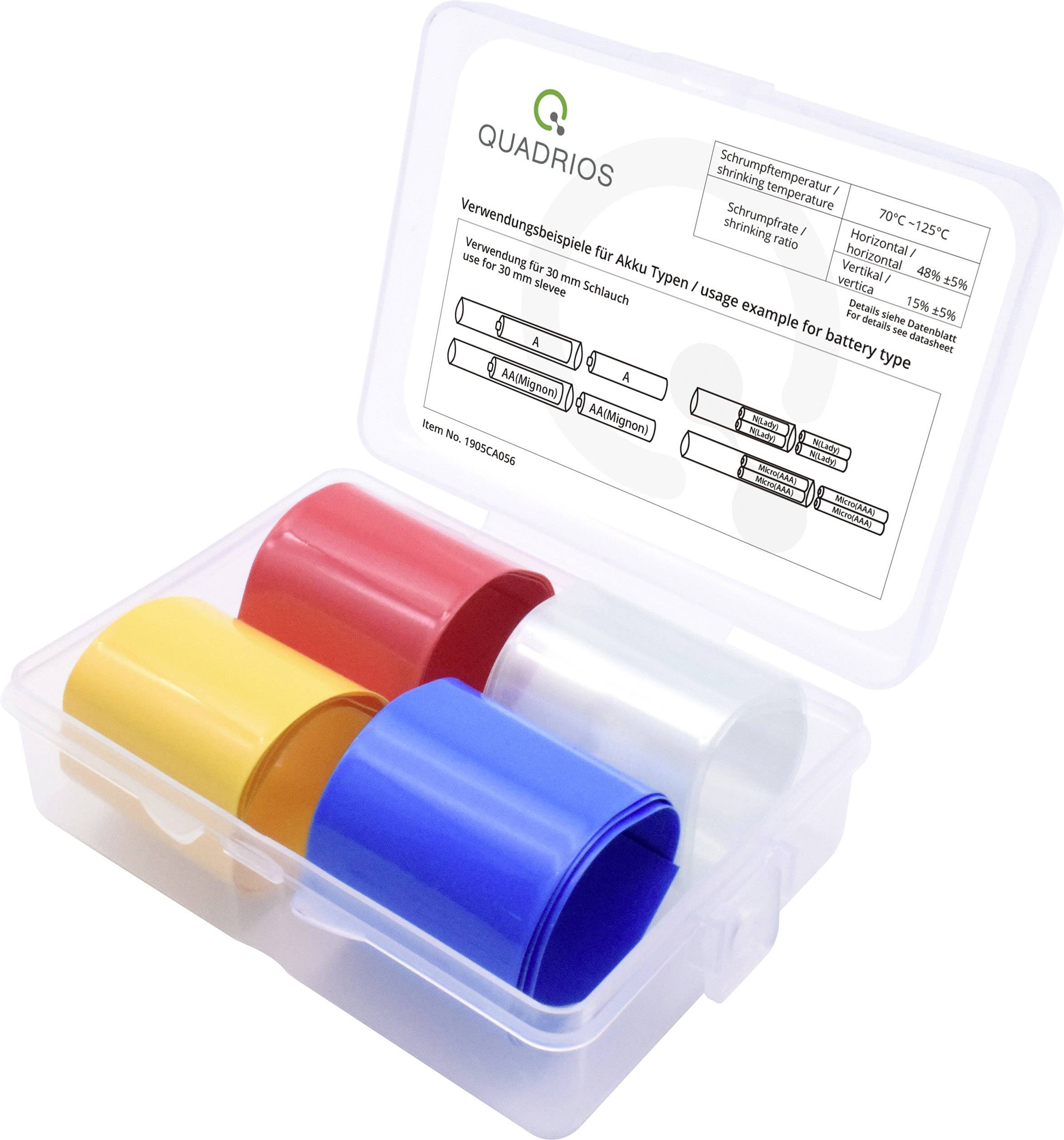 Clear view box with colourful heat-shrink tubes in red, yellow and blue. Label describes applications and temperature range.