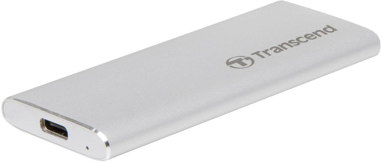 External Transcend SSD in silver, rectangular, with USB-C port.