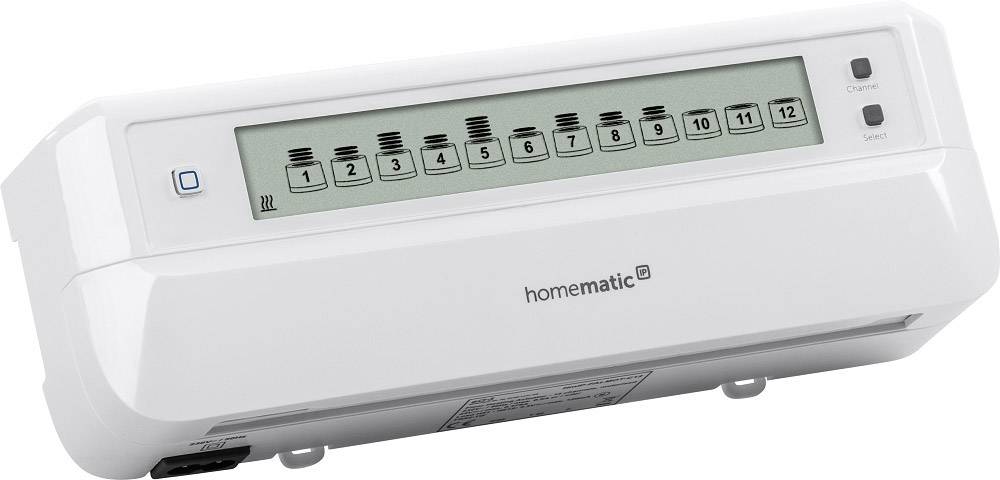 Electronic radiator thermostat with digital display, buttons for programming and displaying temperature and schedules.