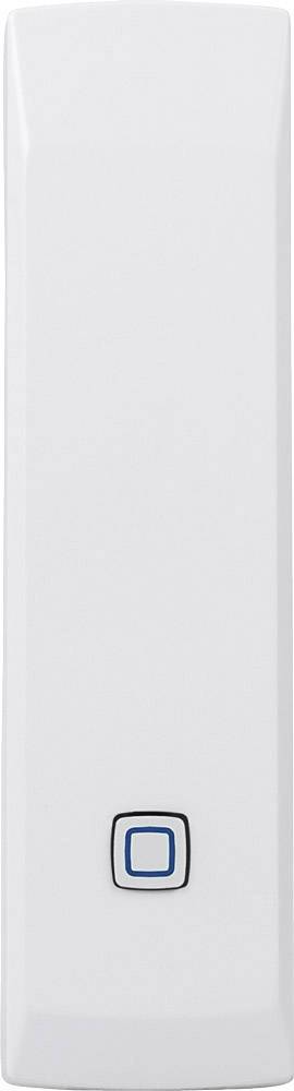 A rectangular, white device with a single, blue-edged button in the centre. Likely an electronic control unit.