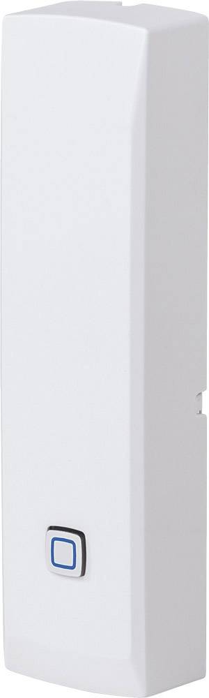 A white, rectangular sensor with a small blue button in the centre on the front.