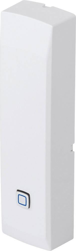 White rectangular sensor with a small blue button at the bottom, possibly for alarm or home automation systems.