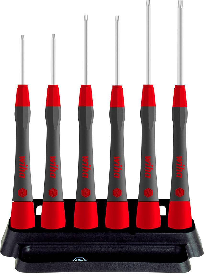 Six red and black screwdrivers in a black holder. Ideal for precision work or use with electronics.