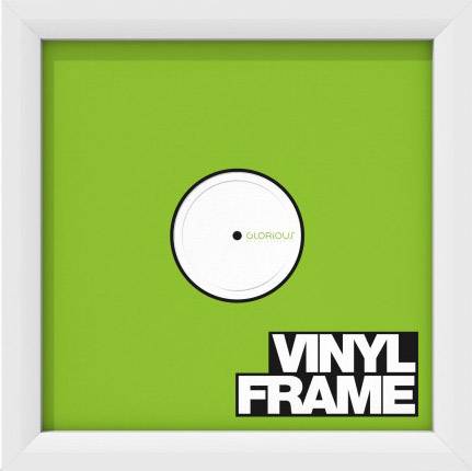 Square frame with a green background and a central white circle, marked with 'Glorious'. Bottom right reads 'VINYL FRAME'.