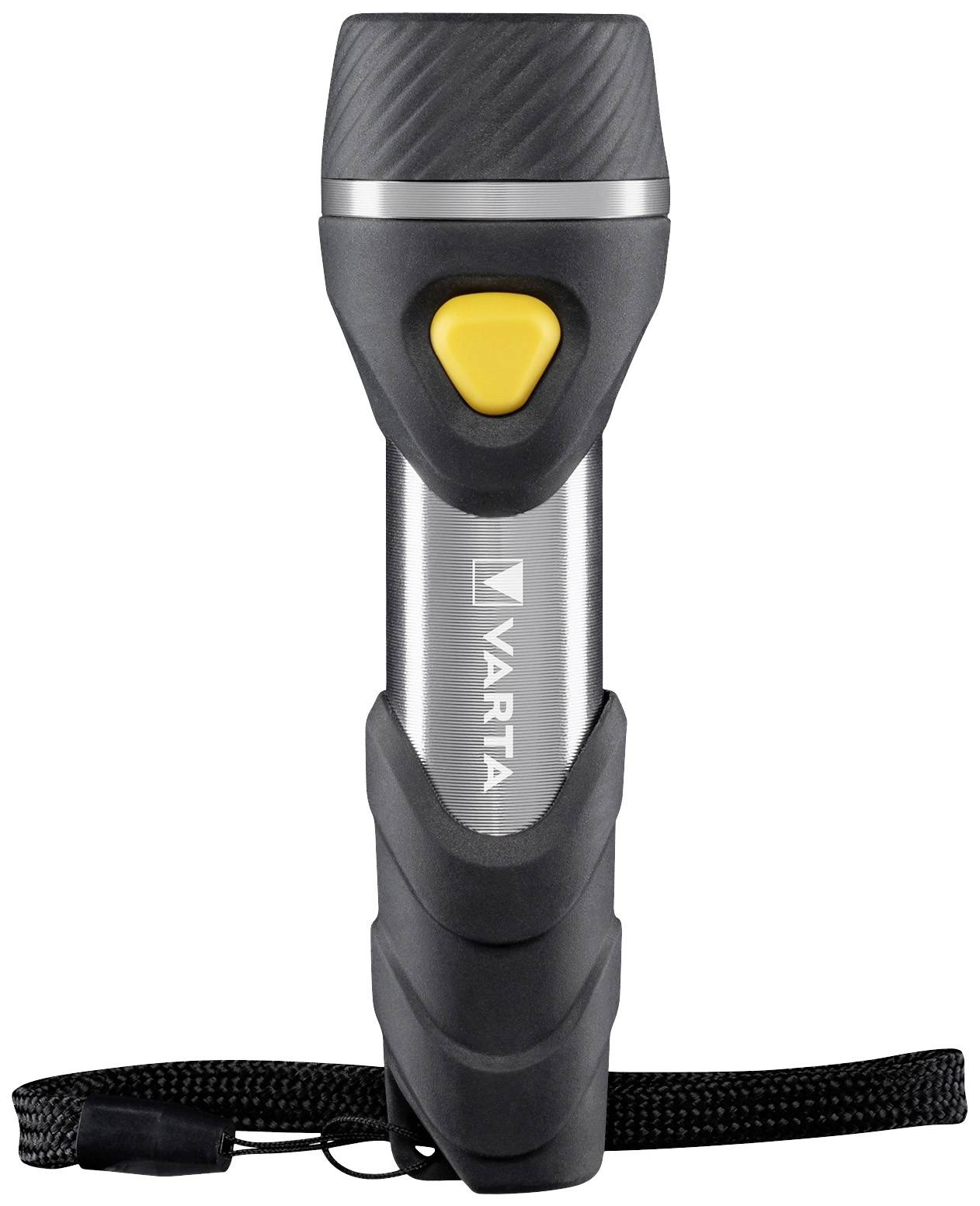 Torch with black and silver design, yellow switch and VARTA logo; with carry loop at the end.