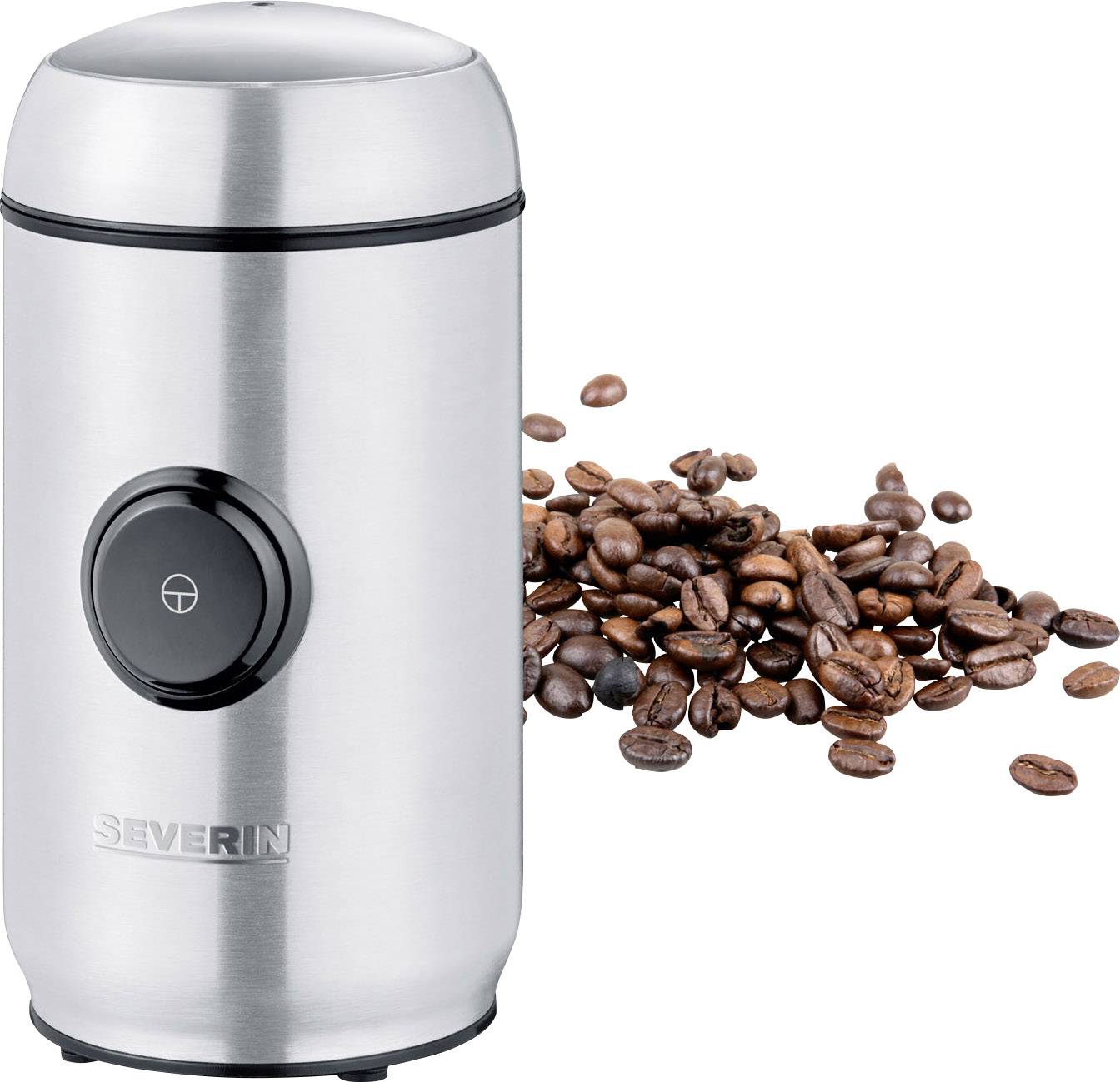 A silver electric coffee grinder with coffee beans beside it.