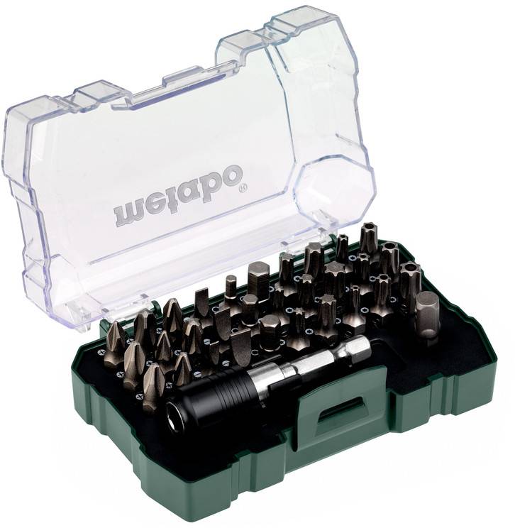 An open set of various screwdriver bits and a handle, arranged in a green case.