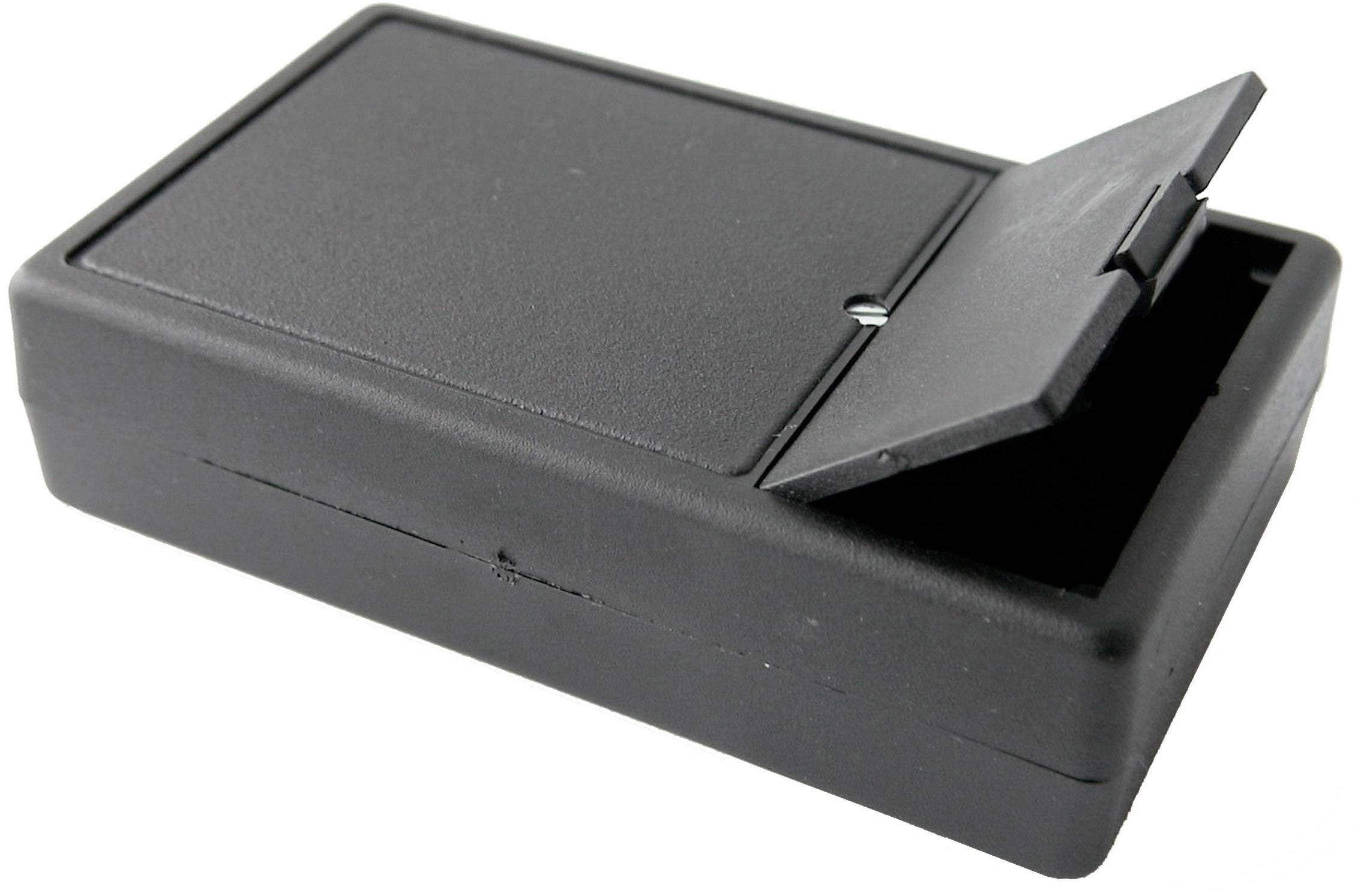 Black plastic container with a hinged lid on the top, suitable for storing small items or electronics.