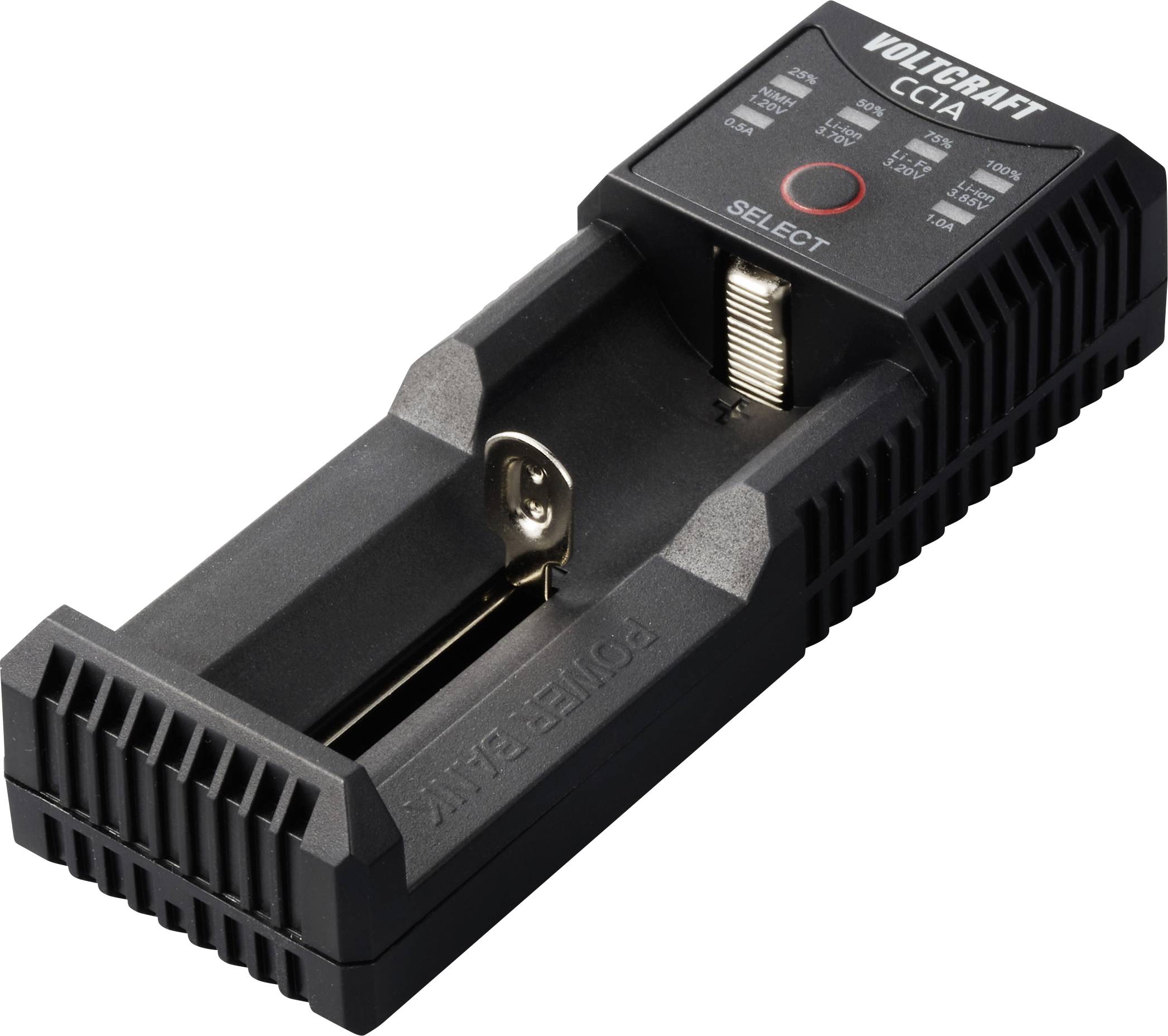 Battery charger with a charging tray for various battery types. It features a display area and a selection button.