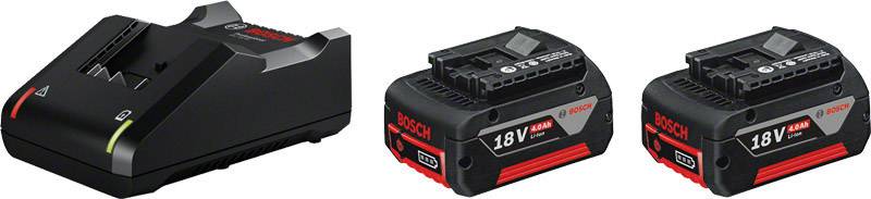 Battery charger and two 18V lithium-ion batteries by Bosch. Charger has power indicator, batteries show capacity and brand.
