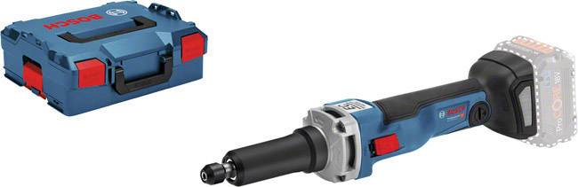 A blue Bosch cordless straight grinder next to a matching tool case. The device is cordless and compact, suitable for precise grinding work.