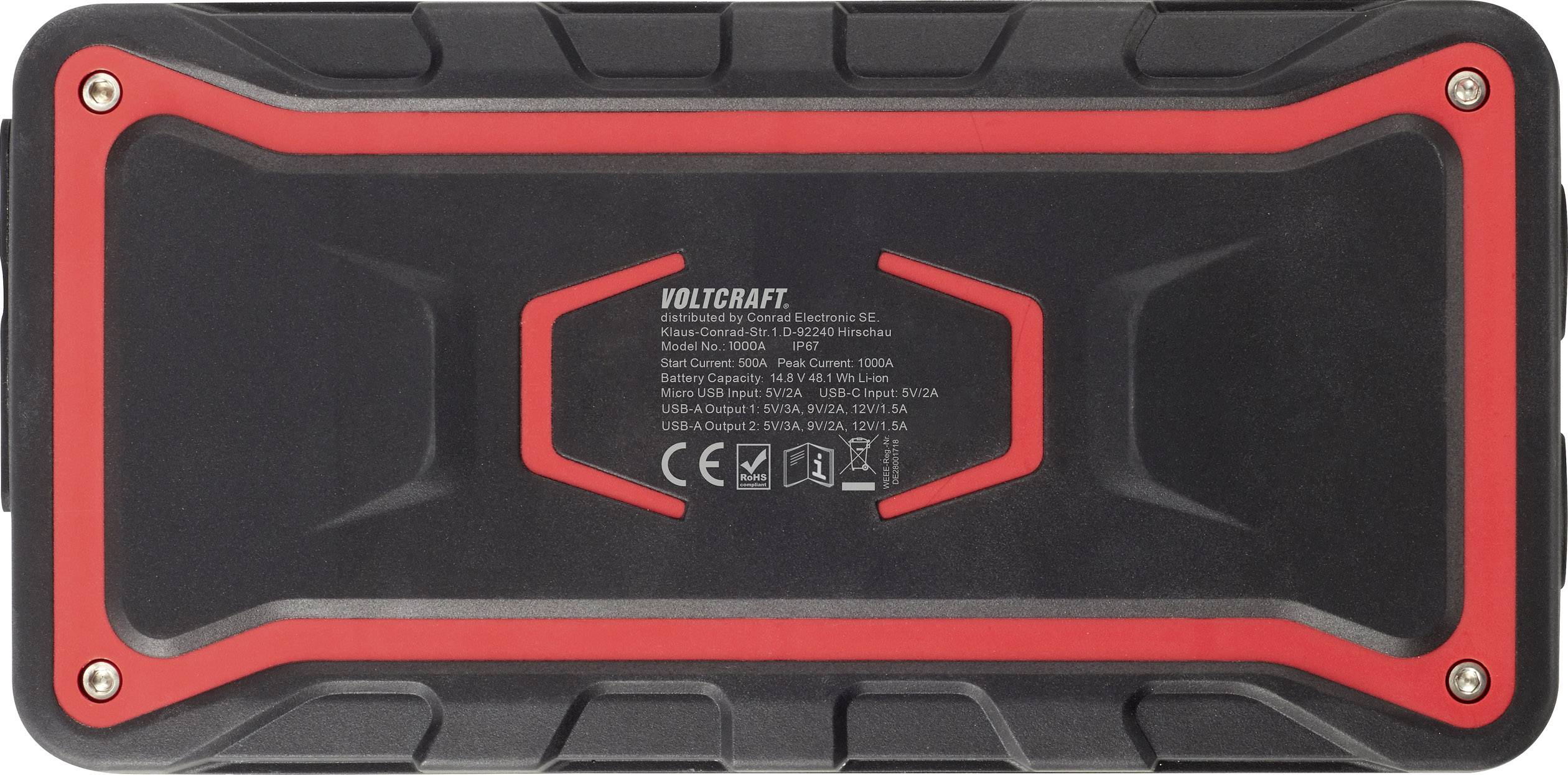 'Voltcraft' Power Bank in black and red with technical specifications in the centre. Ideal for outdoor applications due to its robust design.