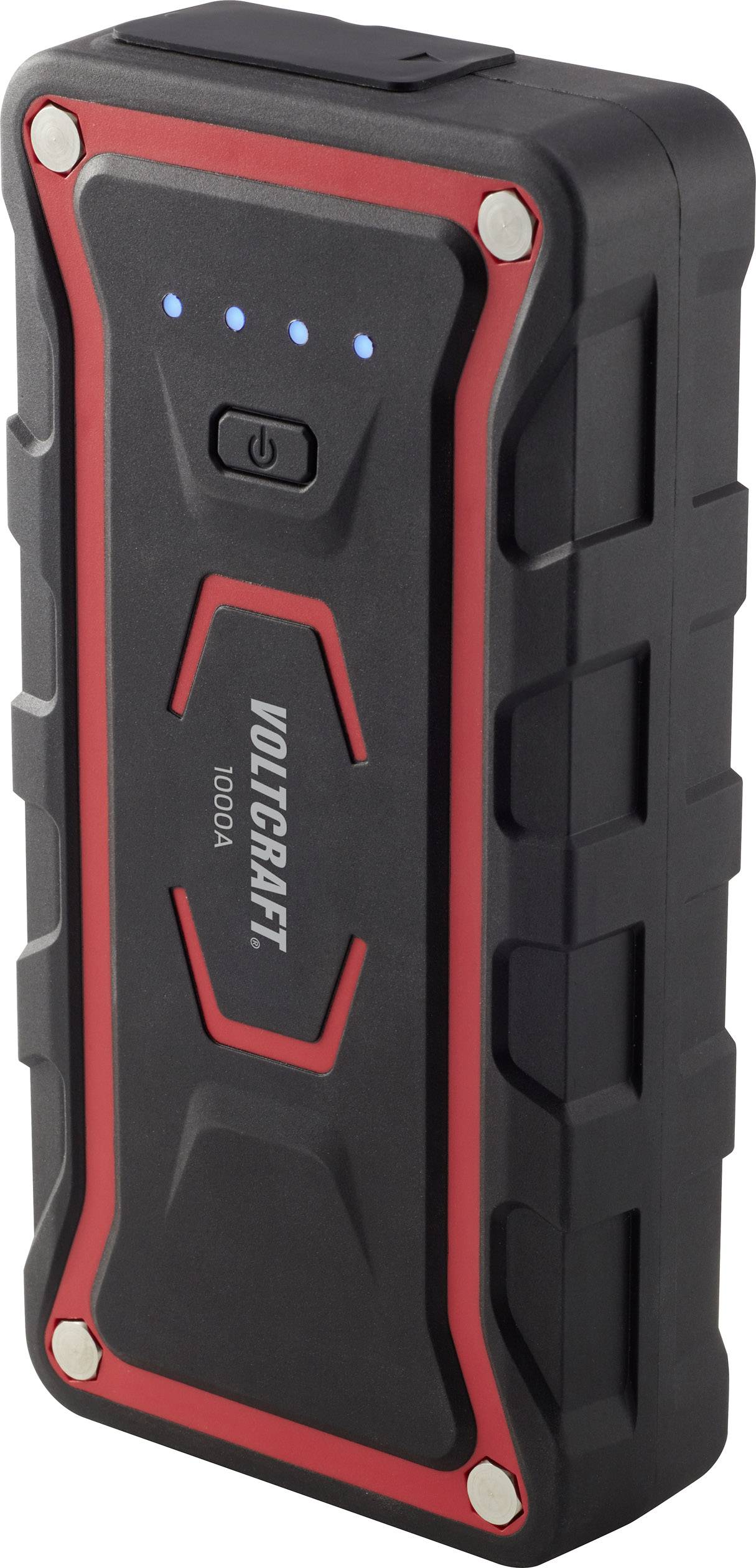 A black and red portable jump starter with the 'Voltcraft' brand on the front and five illuminated LED indicators.
