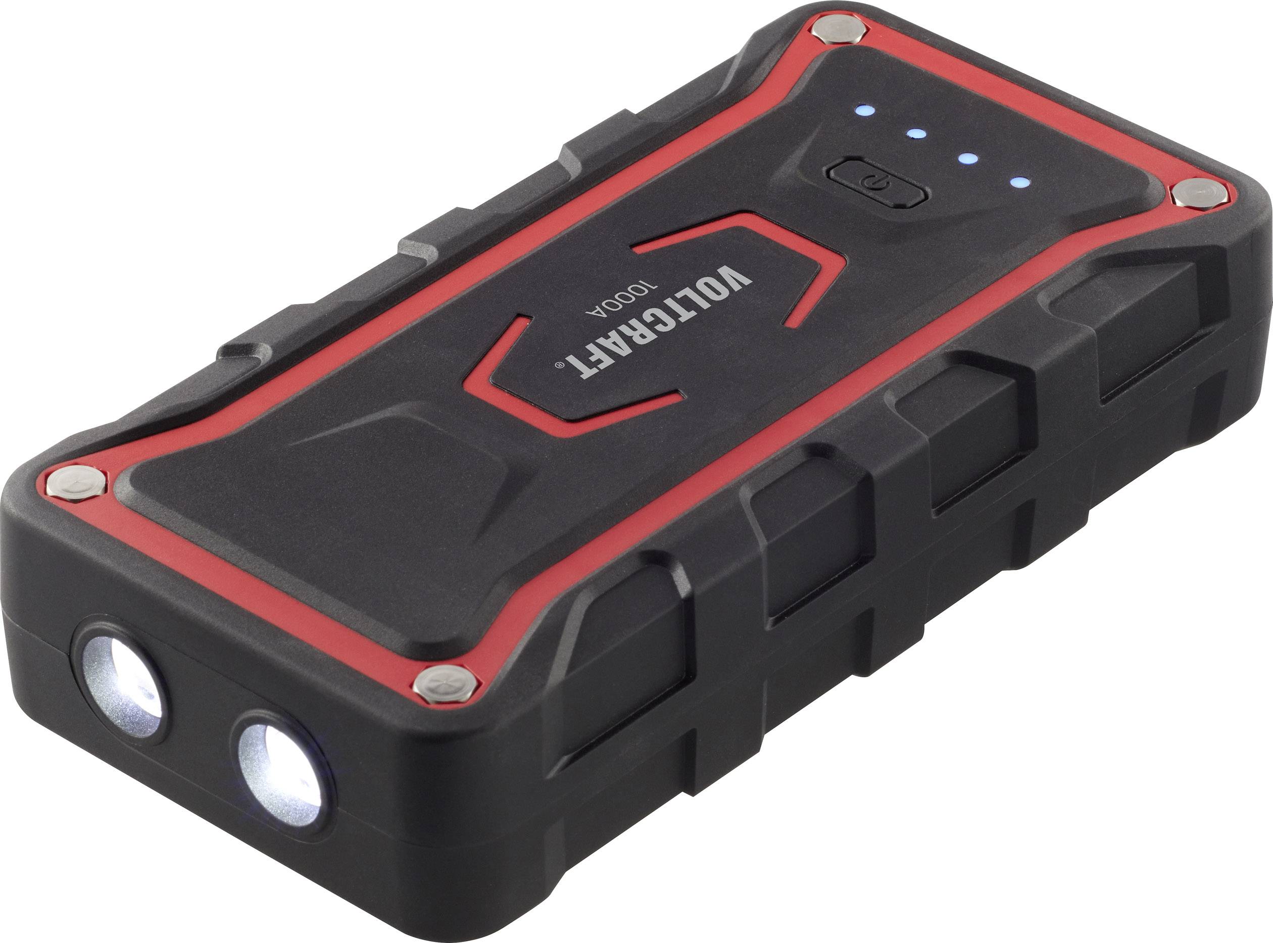 Black and red portable charger with two built-in torches and four blue LED indicators on the top surface.