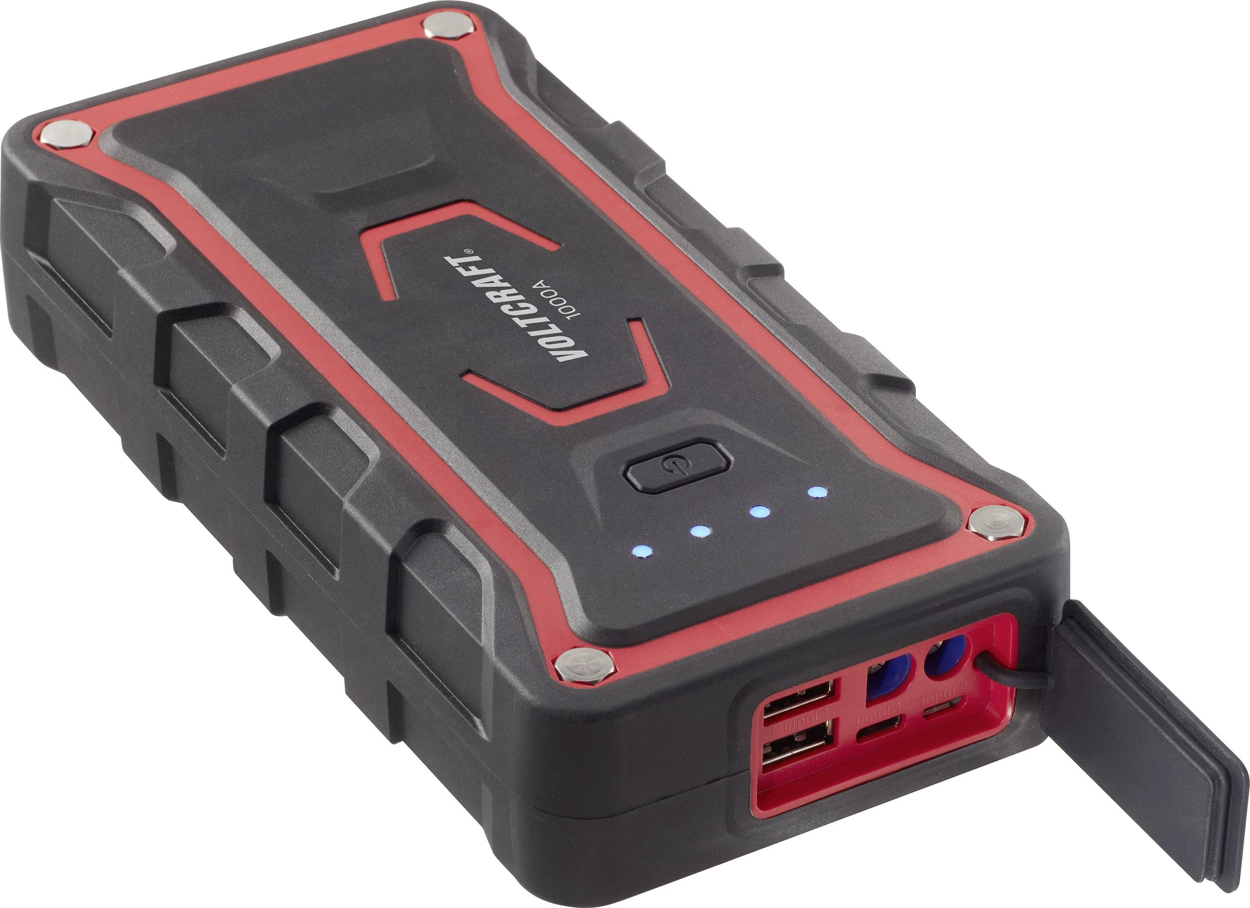 A portable power bank with a robust design, red accents and four blue LED indicators. It features multiple ports at the front.