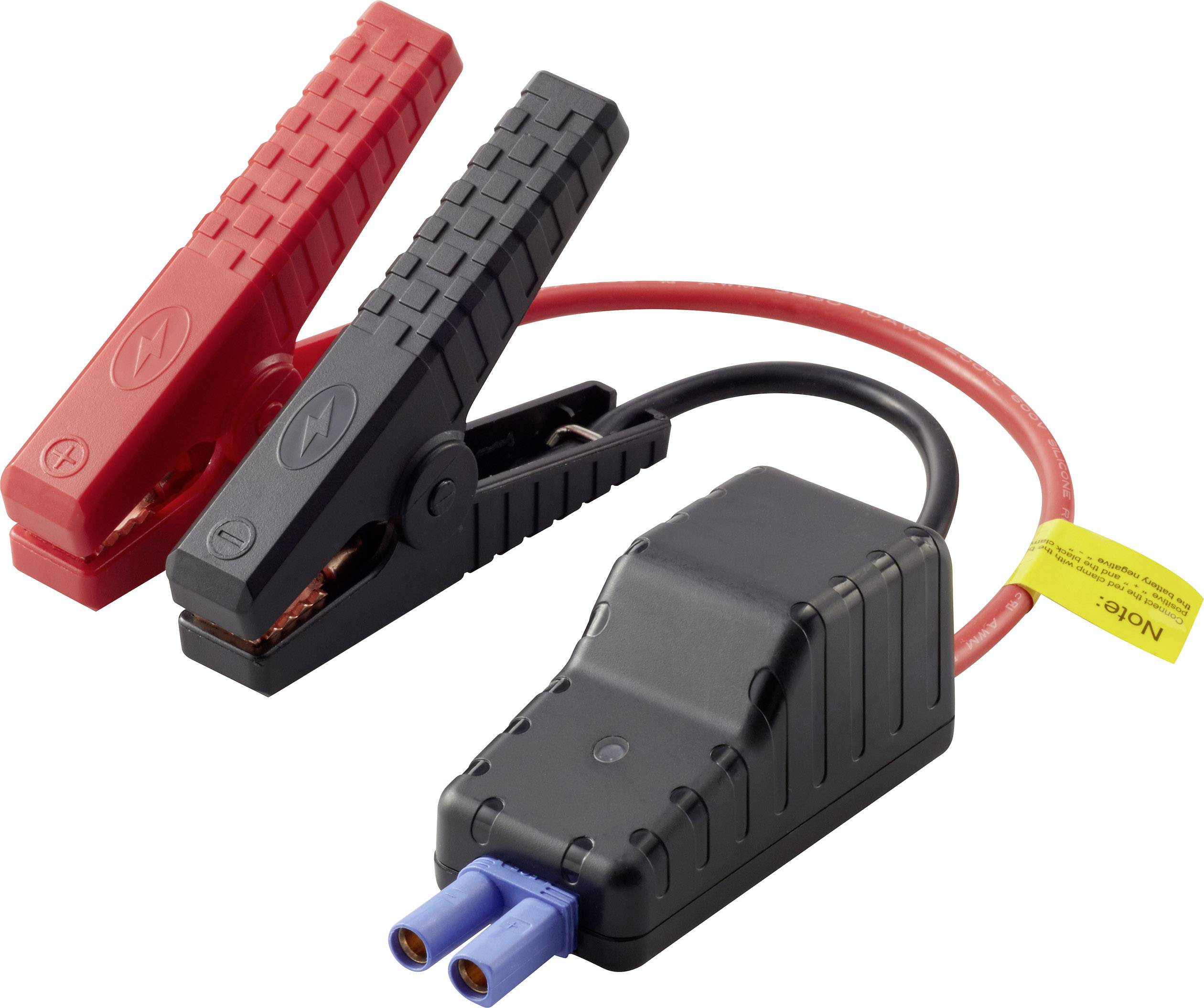Red and black jump leads with clamps for connecting car batteries.