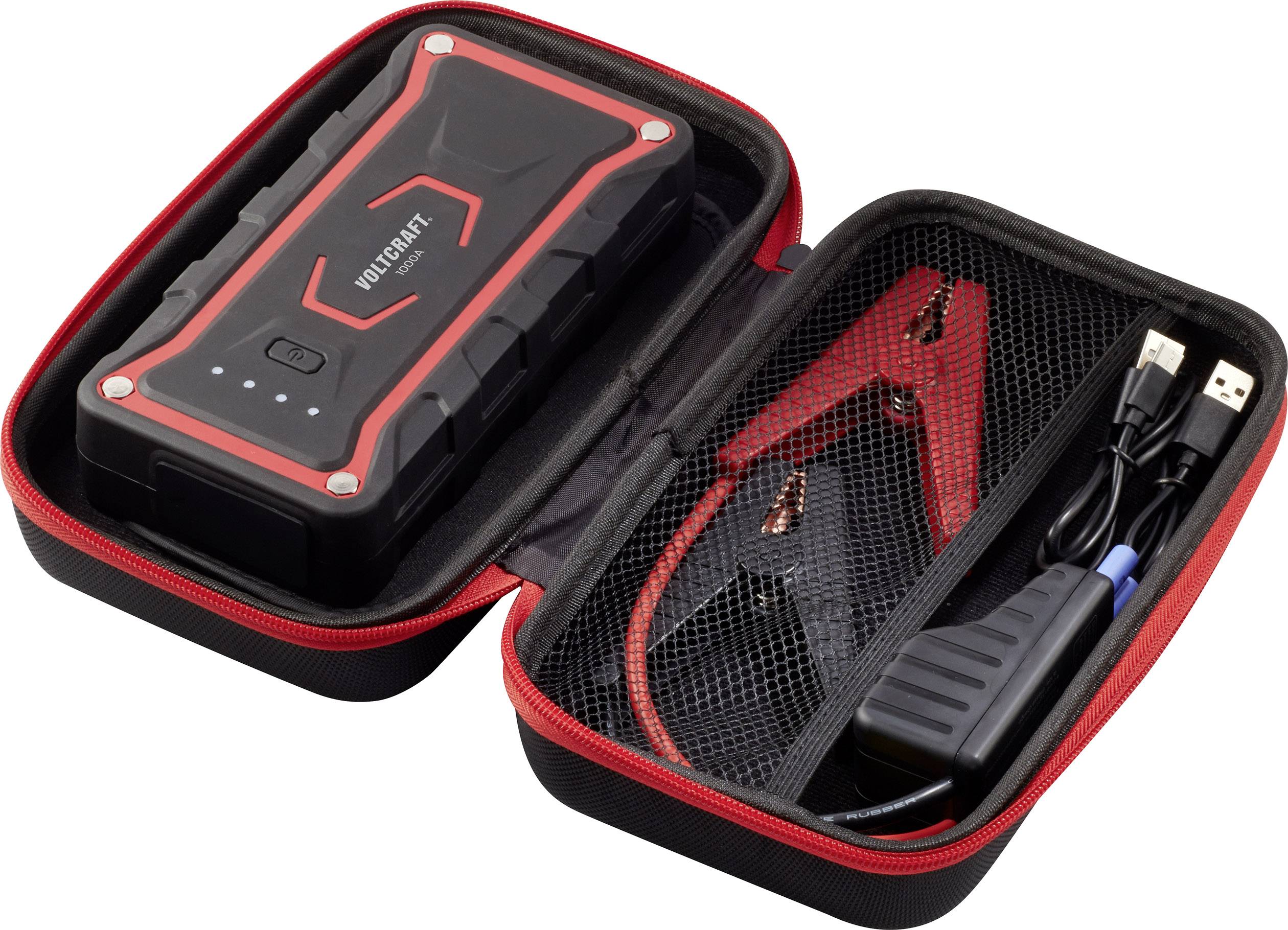 Tragbarer Auto-Starthilfegerät mit USB-Kabeln in offener Tragetasche. Enthält Batterieclips und Ladekabel. Kompakt und transportabel.