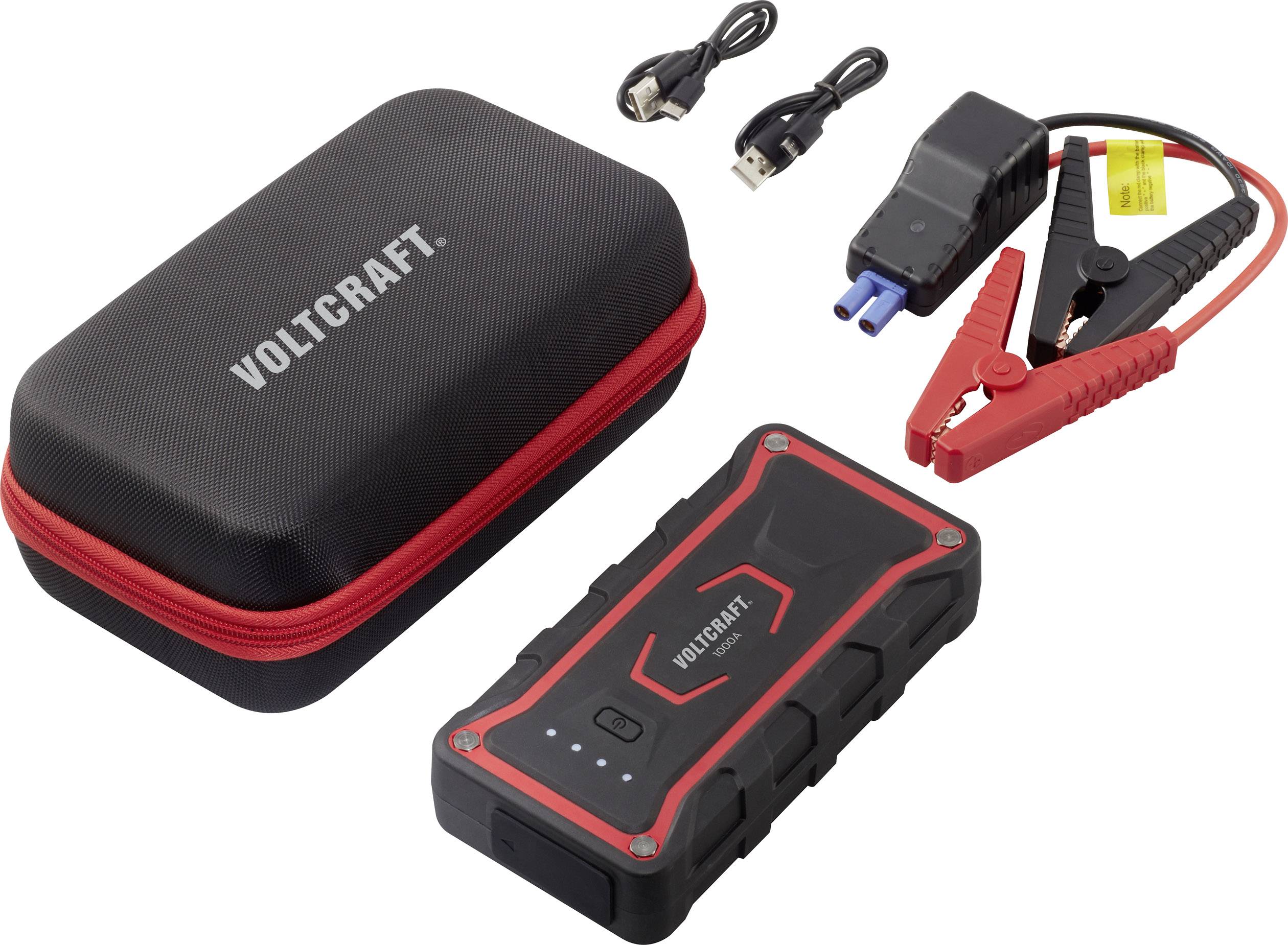 Portable car jump starter by Voltcraft, complete with charger, cables, and protective case. Ideal for emergencies and mobile power supply.