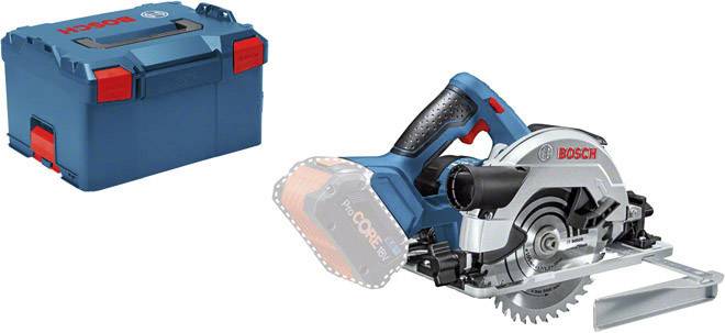Bosch Cordless Circular Handsaw with L-Boxx Case. The saw has a silver blade and a blue handle with a red release button.