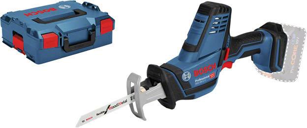 Hand saw by Bosch with a blue casing and grey blade, a matching blue tool case positioned to its left.