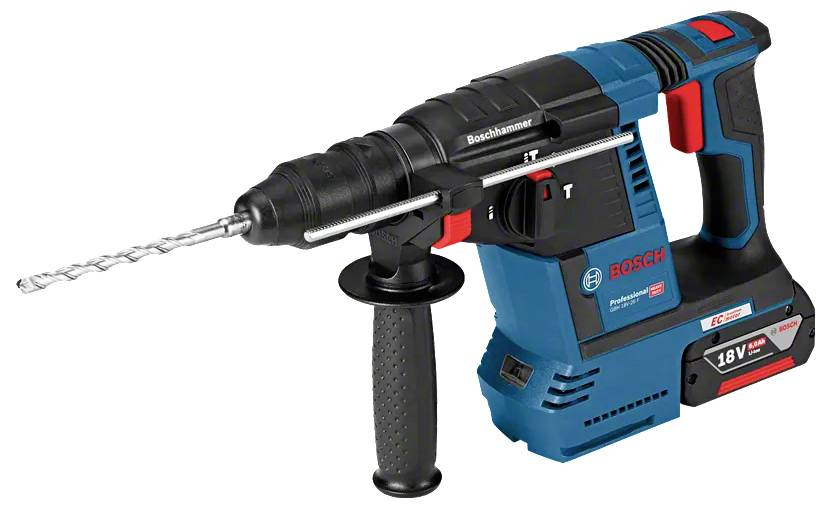 A blue and black Bosch rotary hammer drill with an attached drill bit, featuring an ergonomic handle and an 18V rechargeable battery.