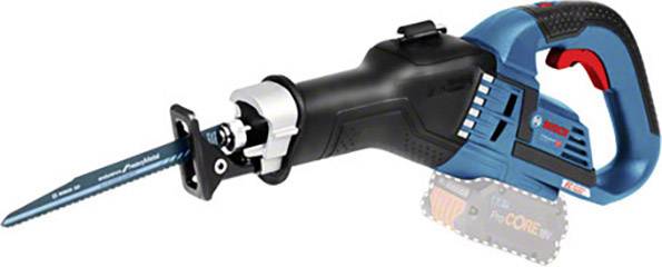 Cordless reciprocating saw with a blue handle and black body, featuring a long saw blade, suitable for woodworking.