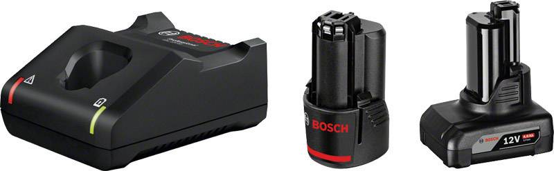 A Bosch charger and two Bosch 12V batteries. On the left the charger, in the centre and on the right the compact lithium-ion batteries.