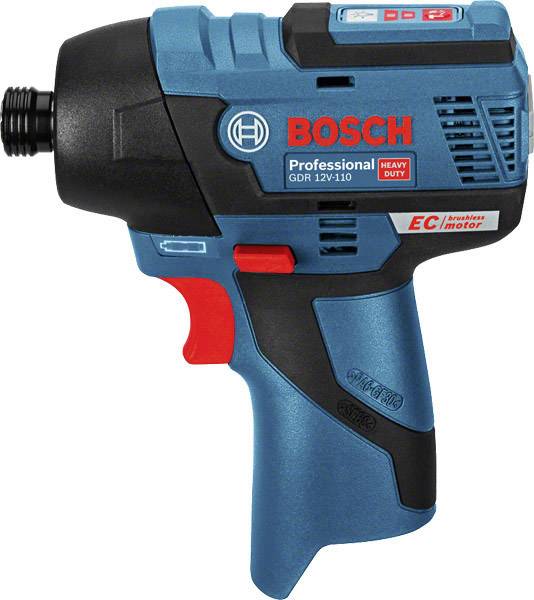 A blue, battery-powered Bosch impact driver with a red trigger and black handle, model 'GDR 12V-110', suitable for heavy-duty applications.