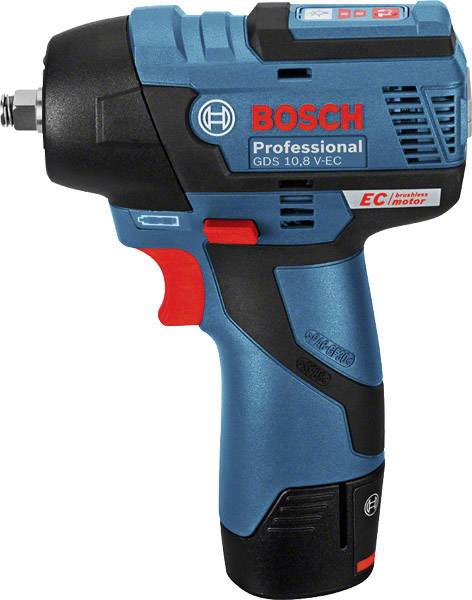 Blue Bosch Professional Cordless Impact Wrench with red accent. Model 'GDS 10.8 V-EC'. Compact and ergonomically designed.