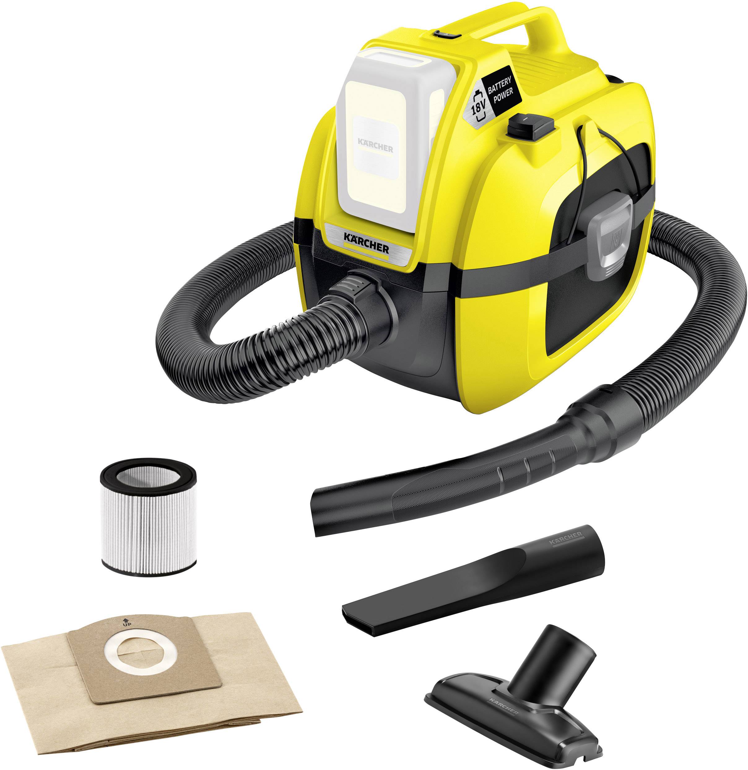Portable yellow vacuum cleaner with accessories: filter, dust bag, crevice tool and brush nozzle, suitable for household use.