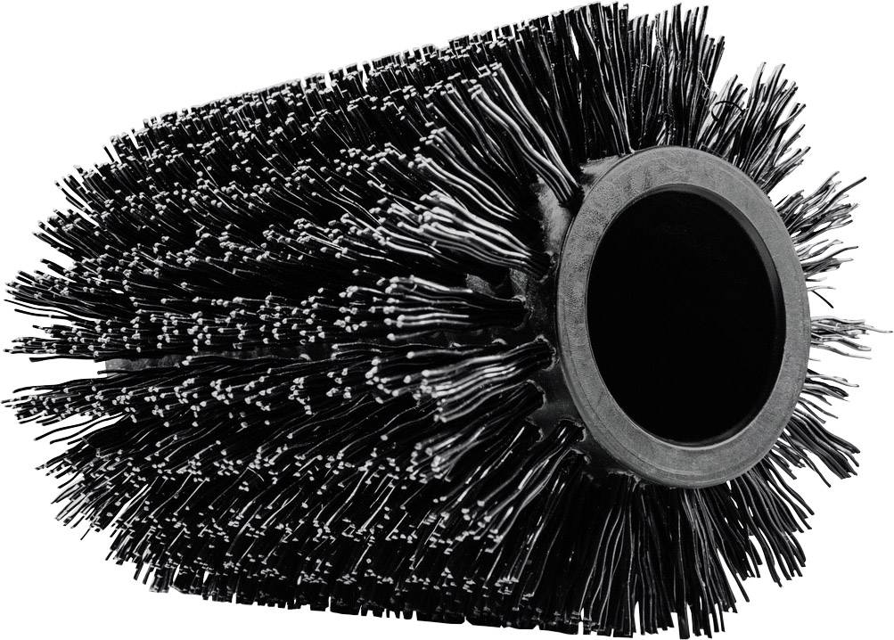 A large, cylindrical cleaning brush with dense black bristles. Ideal for thorough floor or street cleaning equipment.