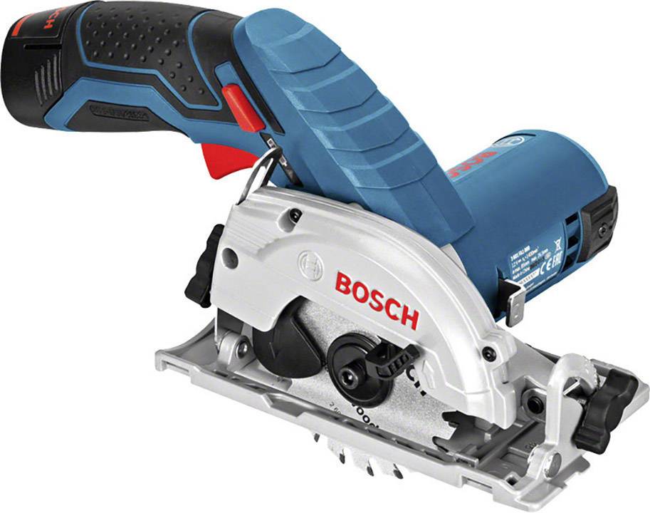 Battery-powered, compact circular hand saw from Bosch with ergonomic handle and blue casing. Suitable for precise cuts.