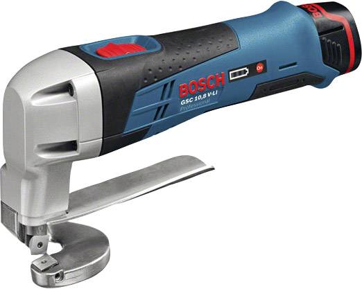 Battery-powered metal shears by Bosch in blue and black with a red switch, suitable for cutting metal sheets.