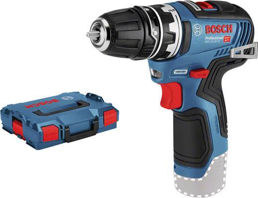 A blue, cordless Bosch cordless drill with a red handle next to a matching carry case. Optimised for professional use.