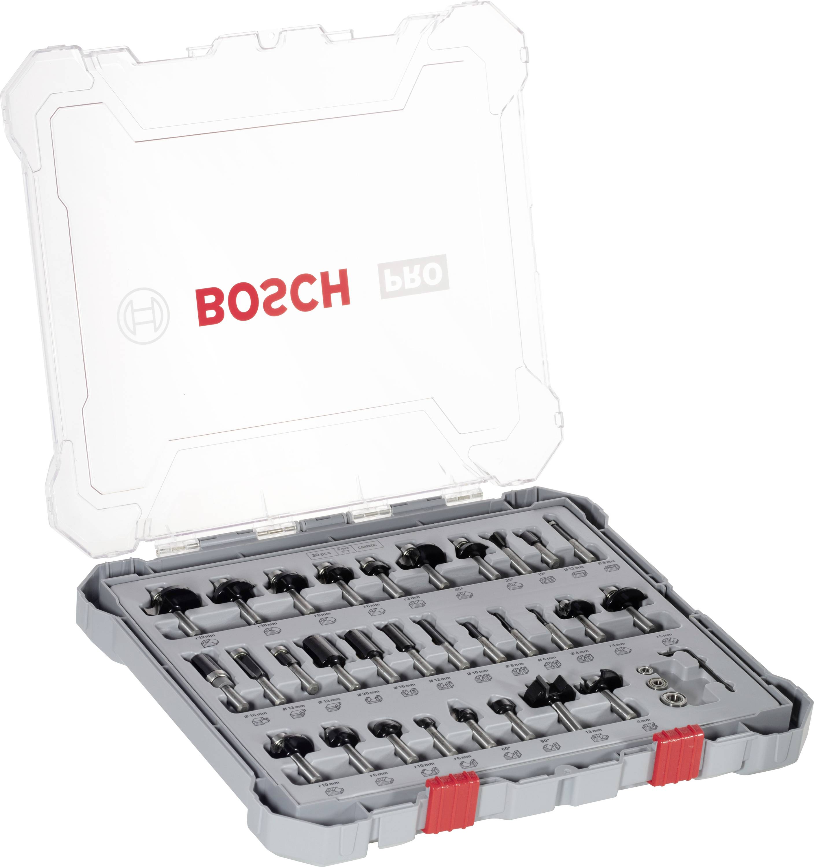 An opened Bosch bit and screwdriver set with various attachments in a plastic case, neatly organised.