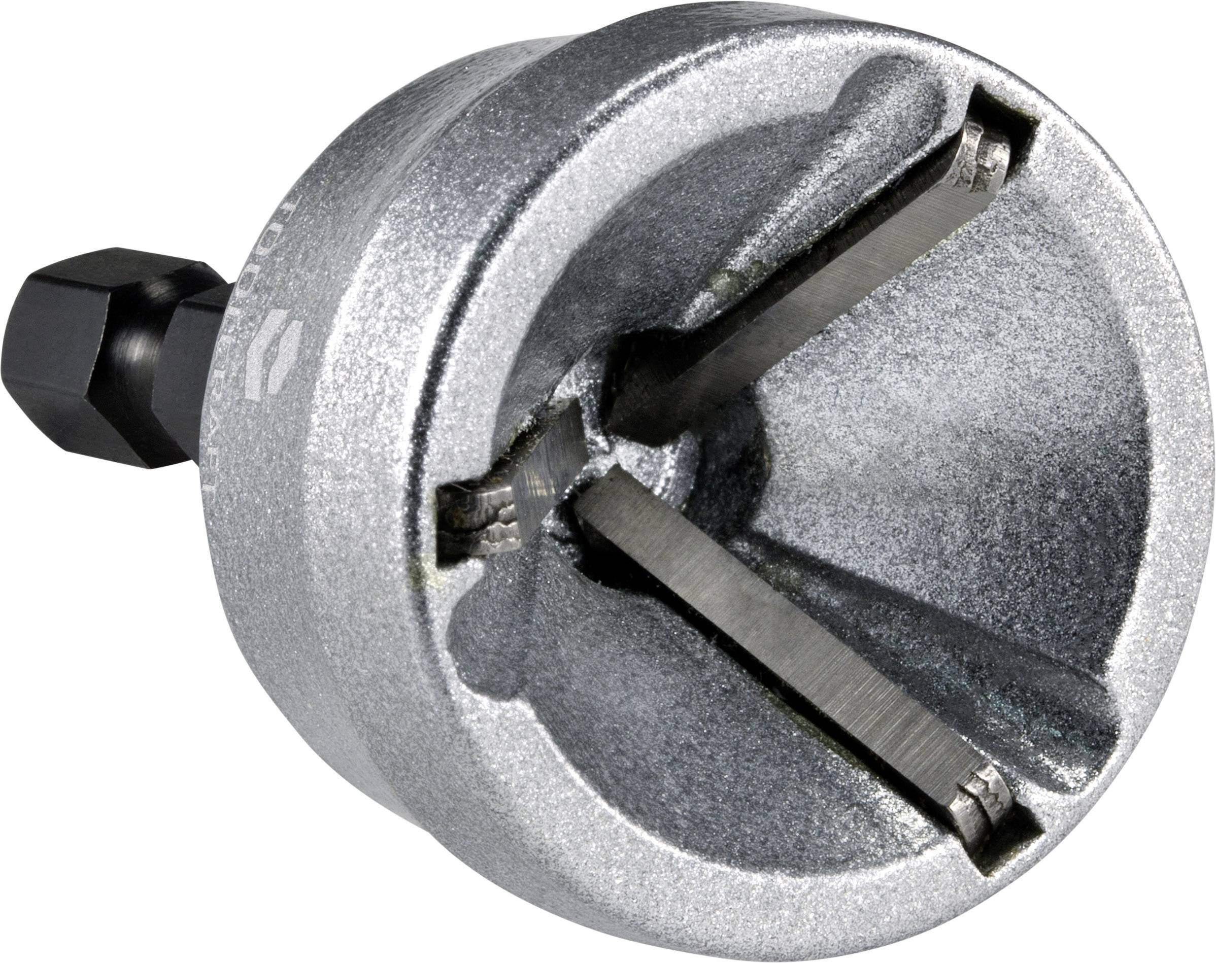 A silver deburring tool with three sharp blades that can be attached to a power drill attachment.