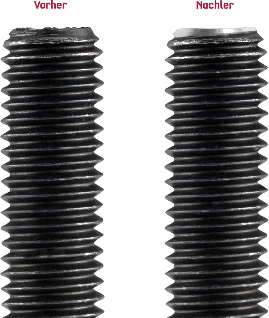 Image comparison of screw threads: Left shows damage at the tip; right is intact, with a smooth finish.