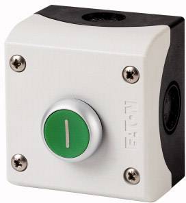 White plastic casing with green button on the front, marked with 'EATON'.