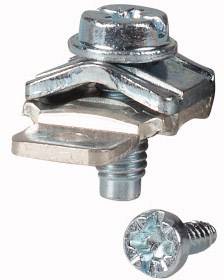 A silver screw clamp with an additional small screw next to it. It is used to secure two flat pieces of metal.