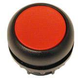 A round, red button in a black casing.