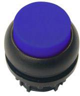 A round blue button on a black casing, possibly an electronic switch or push button.