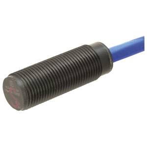 A black, cylindrical sensor with a ribbed housing and blue cable connection, used in industrial applications.