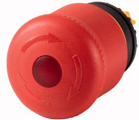 Red emergency stop button with embossed arrows indicating the direction of rotation. Safety feature on machines or installations.