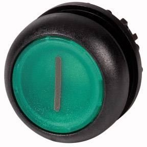 Black round toggle switch with a green indication and a vertical line in the centre.