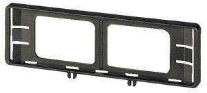 Black and white, rectangular plastic number plate holder with two clips for mounting; suitable for vehicle registration plates.
