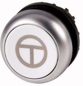 A round, silver button with a symbol in the centre.