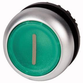 Green round button with silver rim, central vertical stripe.
